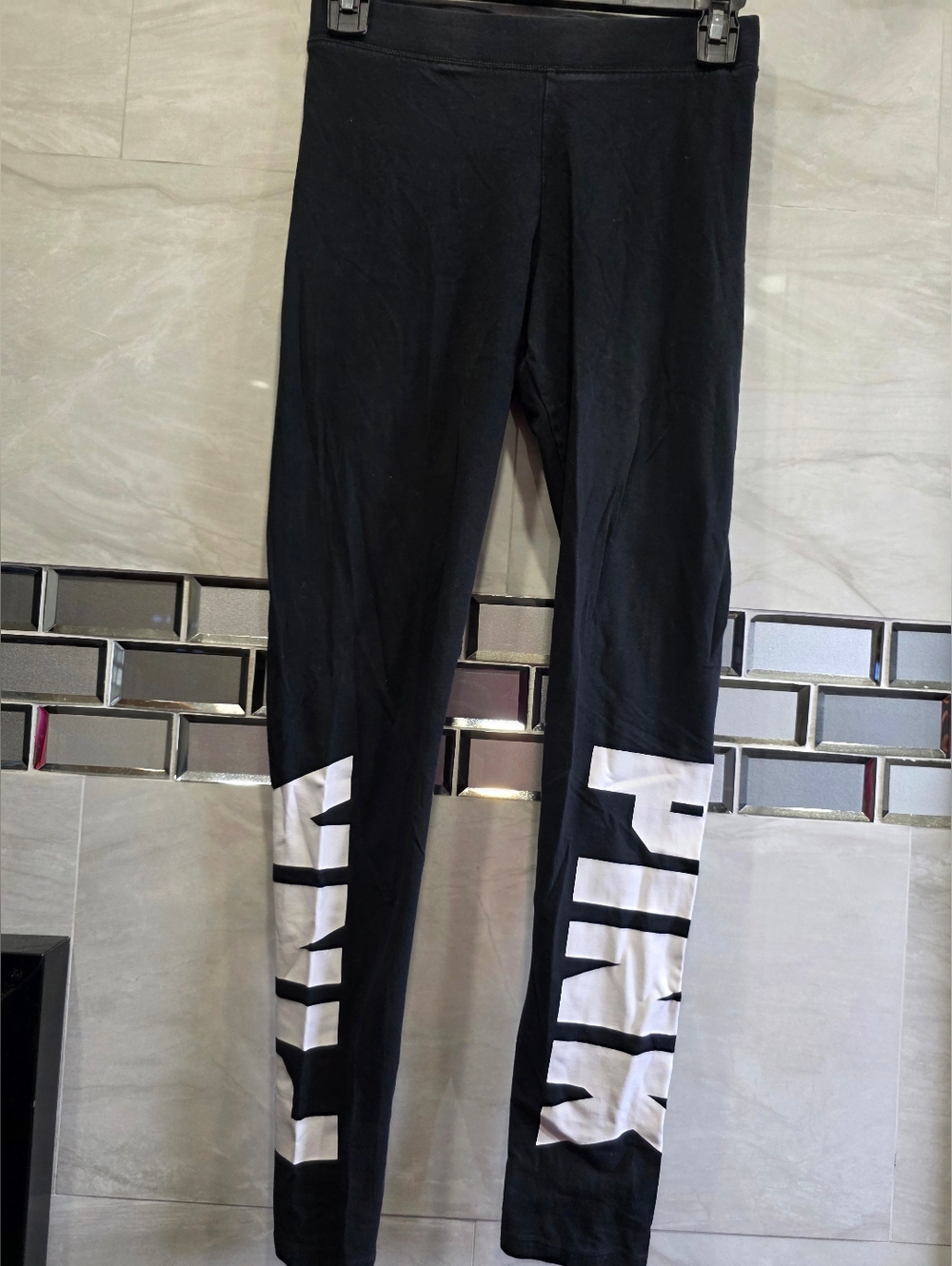 PINK Victoria's Secret Black Leggings with Gold Outline Logo **Used**